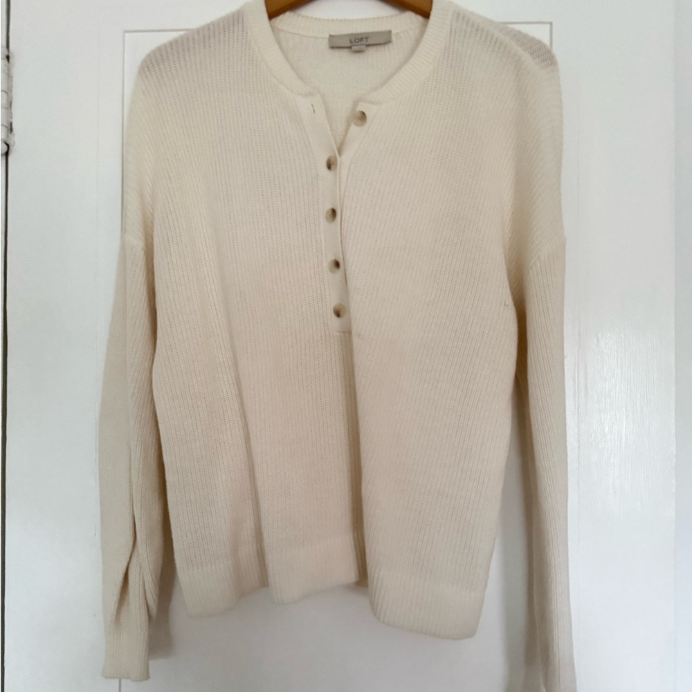 LOFT Cream Button-Front Ribbed Scoop Sweater